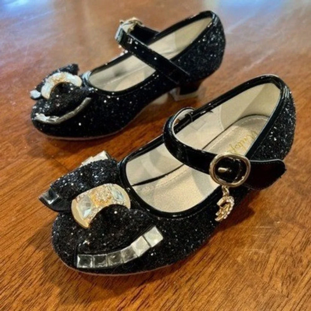 Walofou Glitter Girls Princess Shoes Elegant Sparkly Mary Jane Bow Accent Size 9